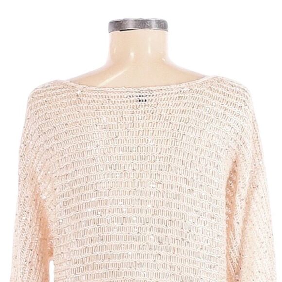 Ann Taylor Sequin Loose Knit Champagne Lurex Dolman Sweater Size M Wool Blend - Picture 4 of 9